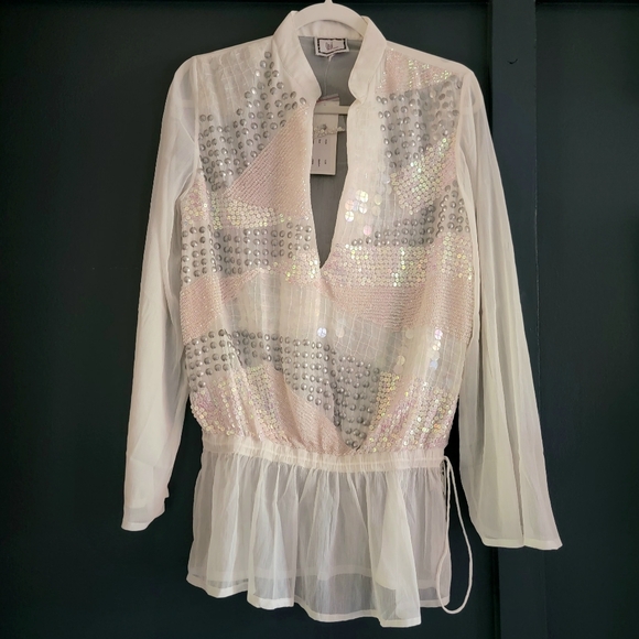 NWT Opal Monique Leshman‎ White Sequin Tunic Top Sheer Long Sleeve Blouse Medium - Picture 1 of 15